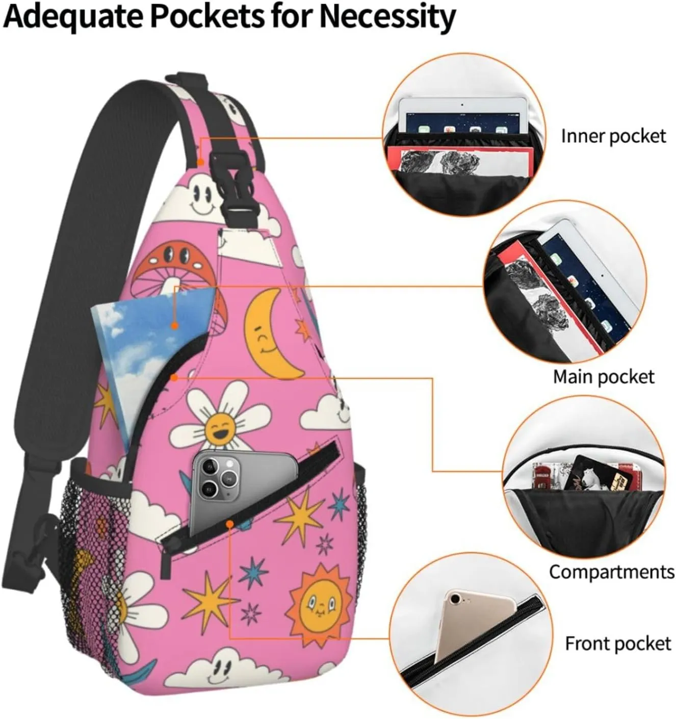 Unisex Sling Bag 80s 90s Geometry Shoulder Backpack Funny Chest Bags Casual Daypack For Travel Hiking Outdoor Sports