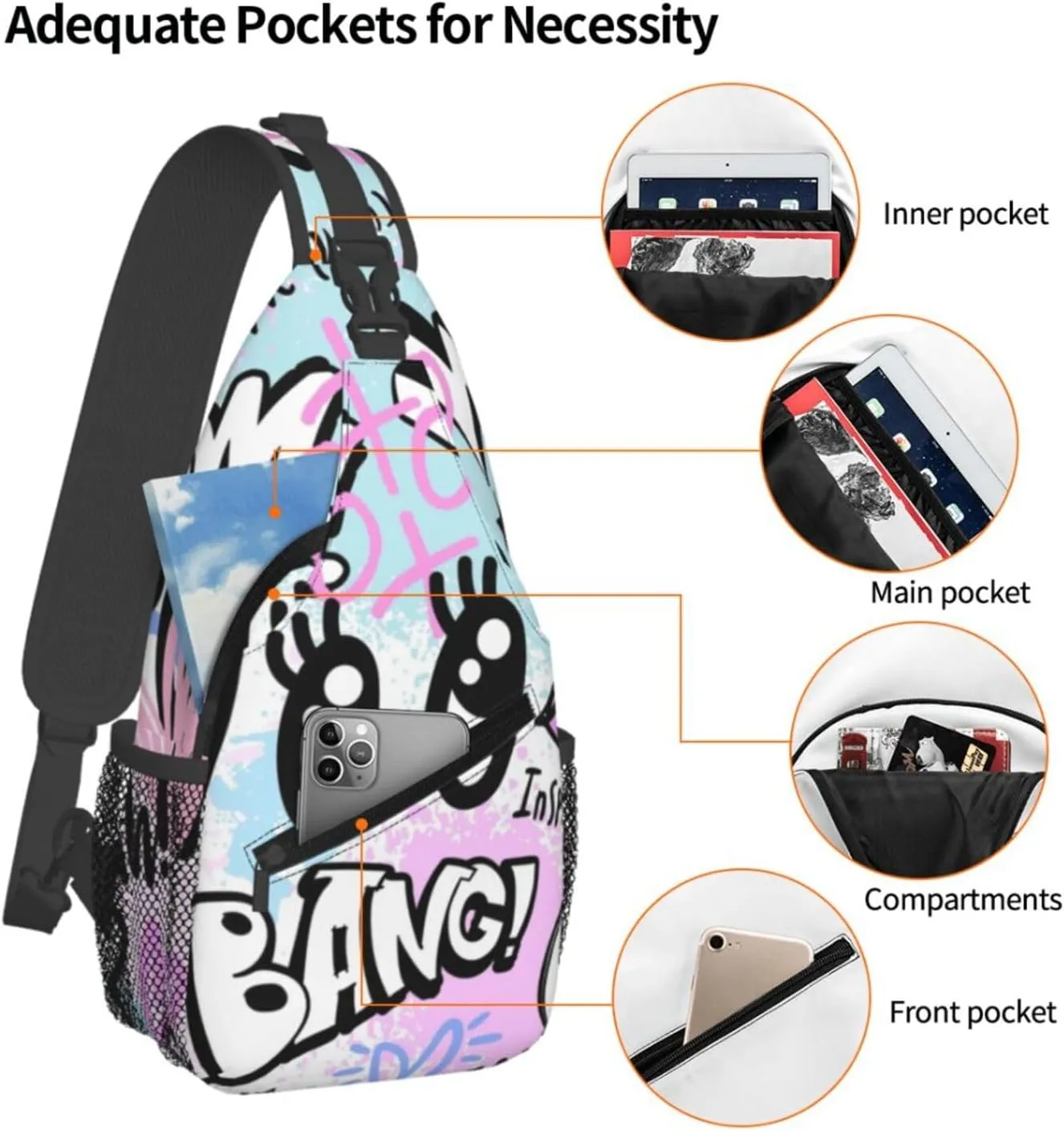 Unisex Sling Bag 80s 90s Geometry Shoulder Backpack Funny Chest Bags Casual Daypack For Travel Hiking Outdoor Sports