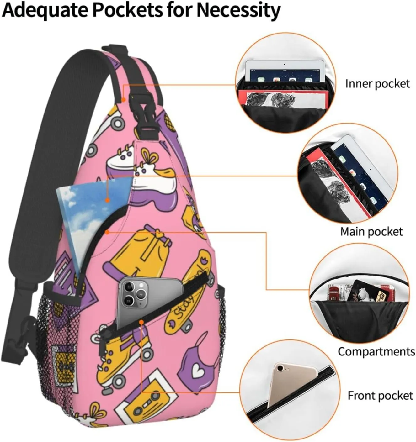 Unisex Sling Bag 80s 90s Geometry Shoulder Backpack Funny Chest Bags Casual Daypack For Travel Hiking Outdoor Sports