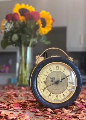 Vegan Leather Handbag | Black & Gold Vintage Clock Clutch | Retro Roman Numeral Clock Purse | Custom Evening Bags | Popular Right Now