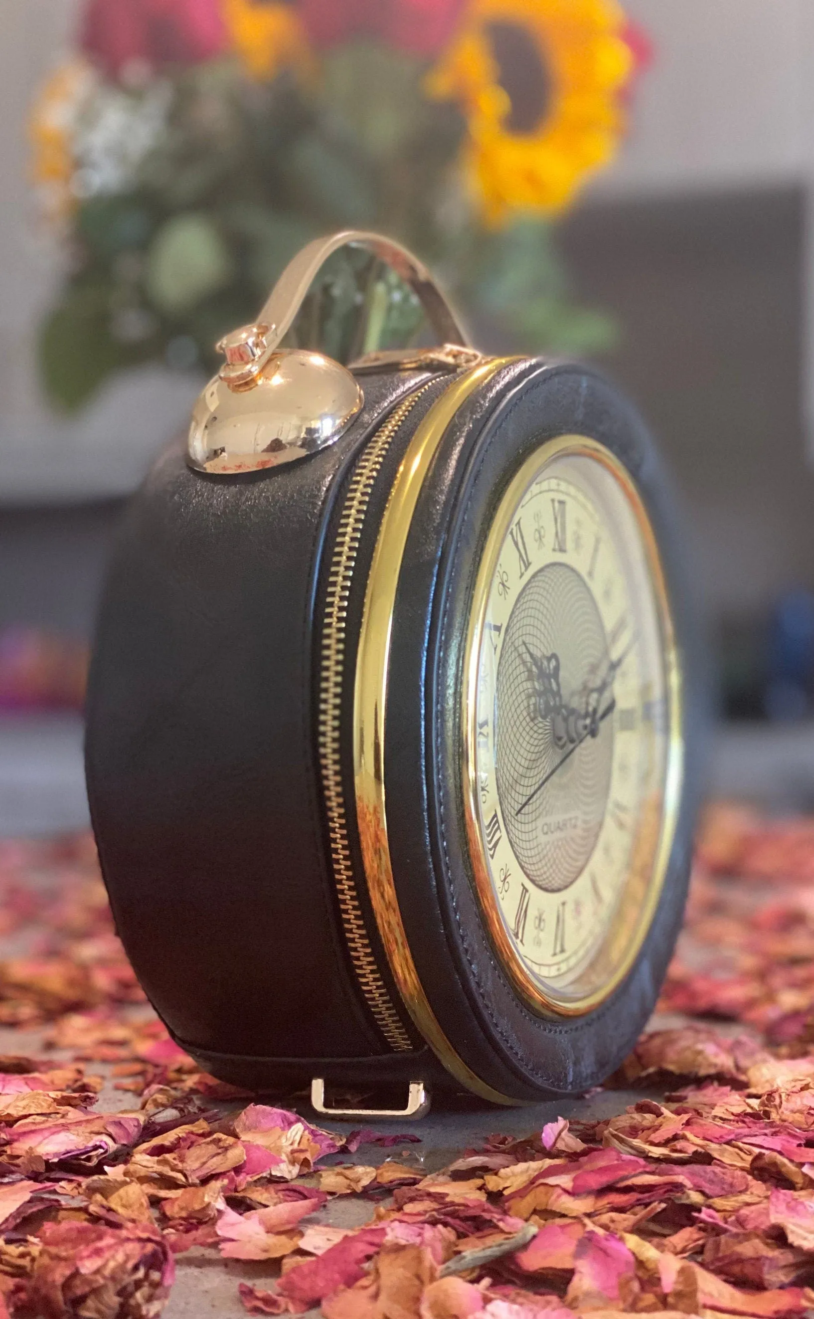 Vegan Leather Handbag | Black & Gold Vintage Clock Clutch | Retro Roman Numeral Clock Purse | Custom Evening Bags | Popular Right Now