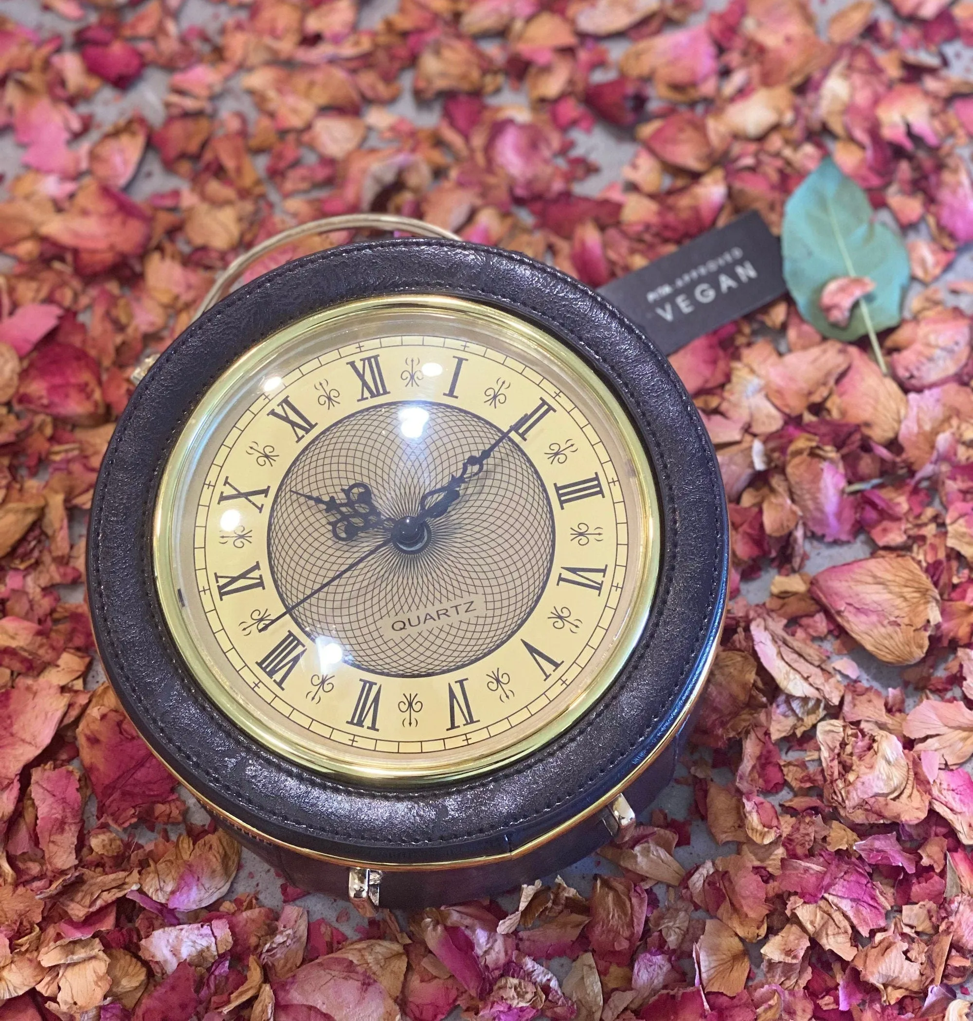 Vegan Leather Handbag | Black & Gold Vintage Clock Clutch | Retro Roman Numeral Clock Purse | Custom Evening Bags | Popular Right Now