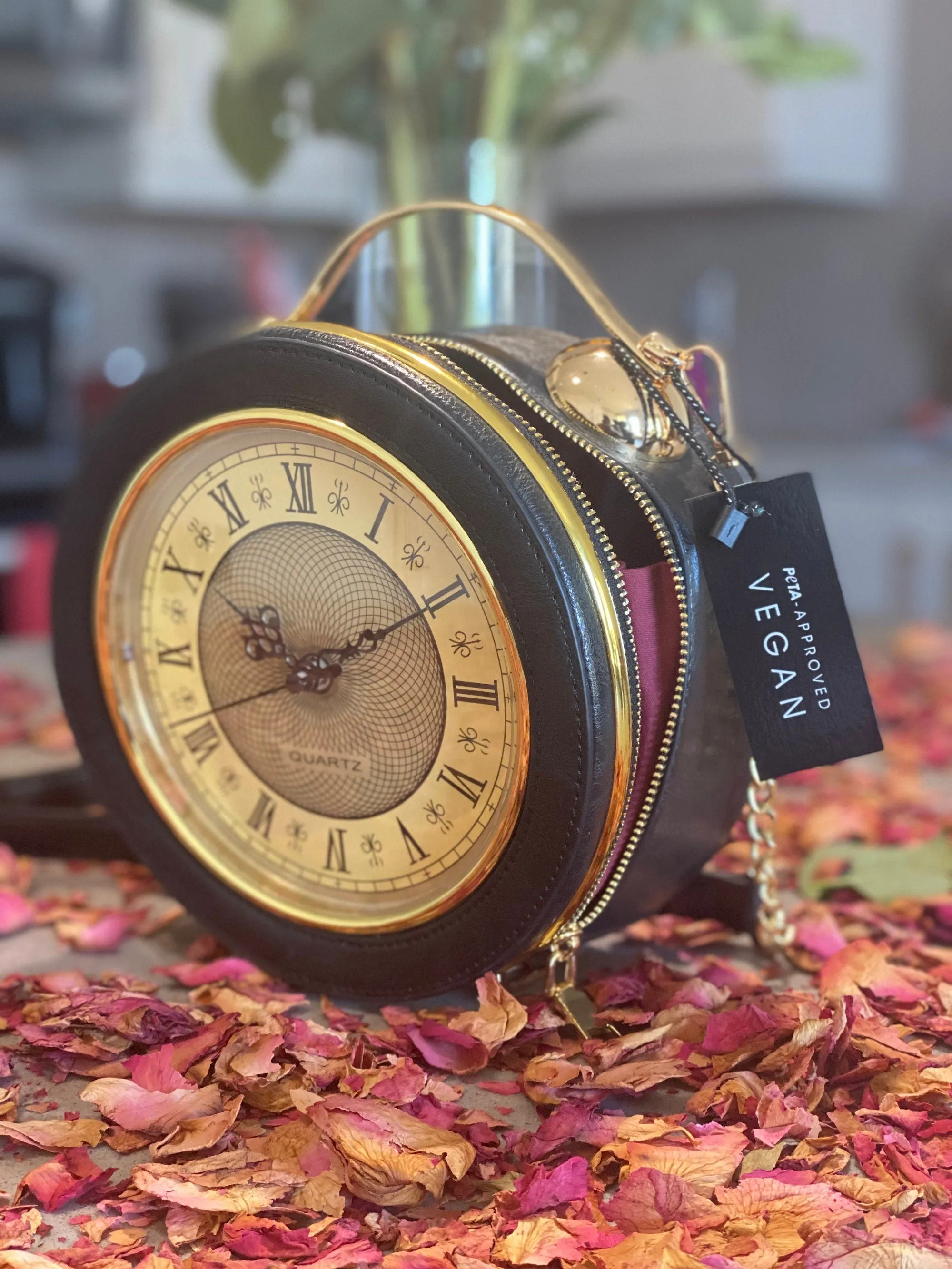 Vegan Leather Handbag | Black & Gold Vintage Clock Clutch | Retro Roman Numeral Clock Purse | Custom Evening Bags | Popular Right Now