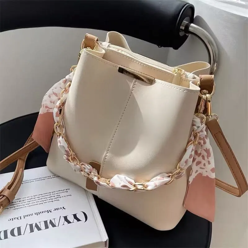Versatile Bucket Bag with Scarf Handle for Women’s Crossbody Fashion