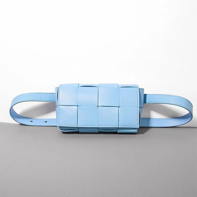 Versatile Calfskin Leather Squared Woven Bag with Interchangeable Gold Chain and Leather Straps, Minimalist Crossbody Bag, Waist Bag