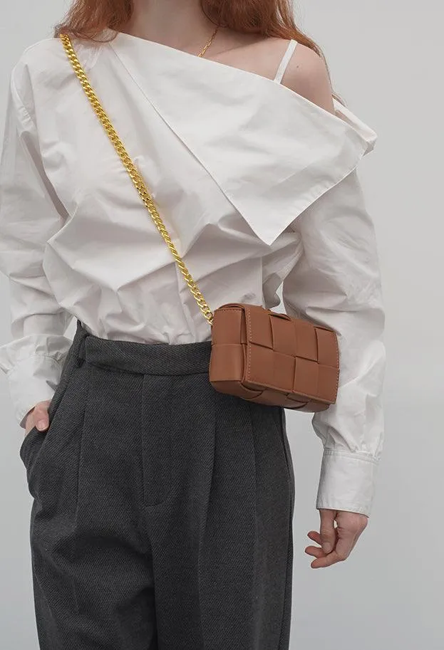 Versatile Calfskin Leather Squared Woven Bag with Interchangeable Gold Chain and Leather Straps, Minimalist Crossbody Bag, Waist Bag