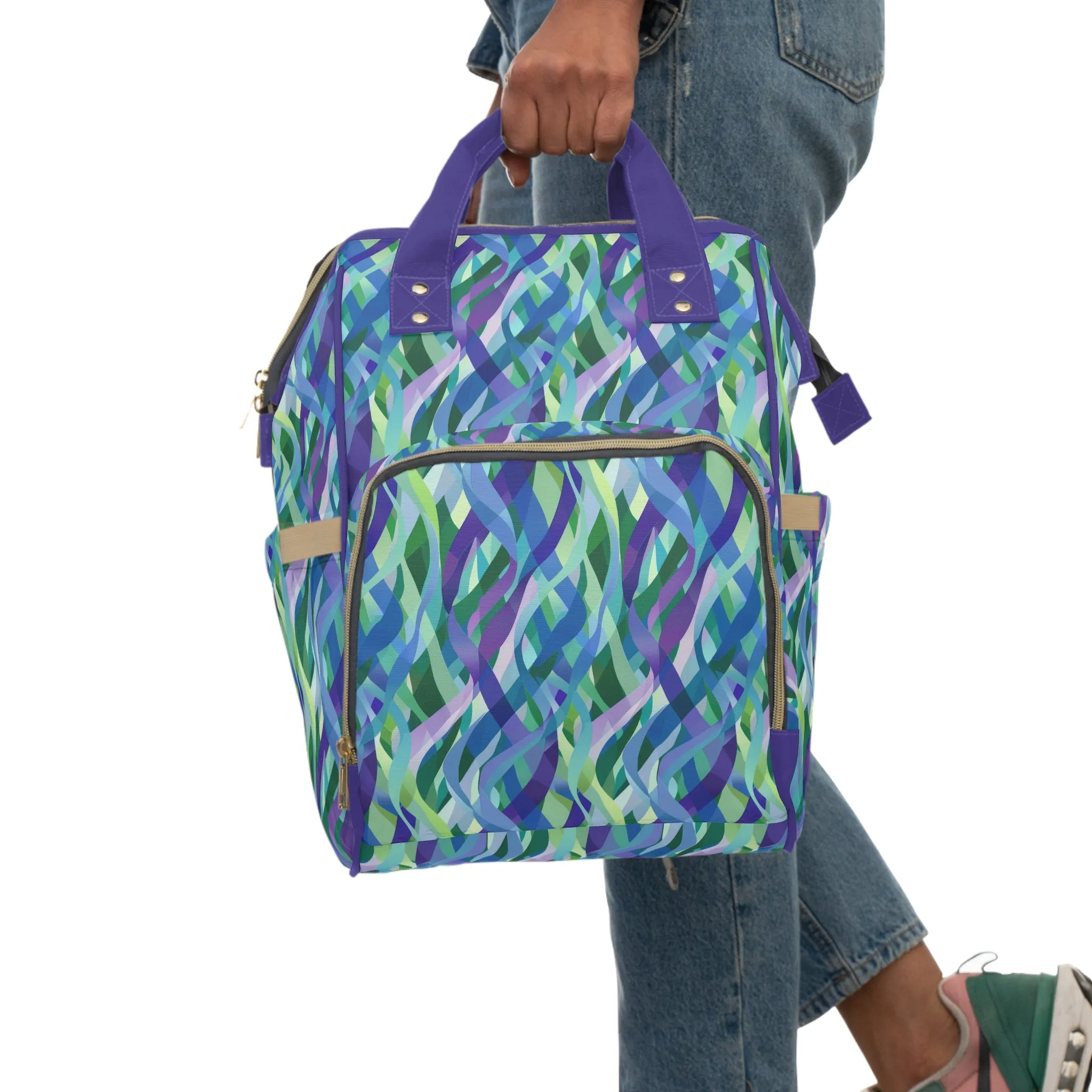 Vibrant Purple Blue and Green Ribbons Multifunctional Diaper Backpack