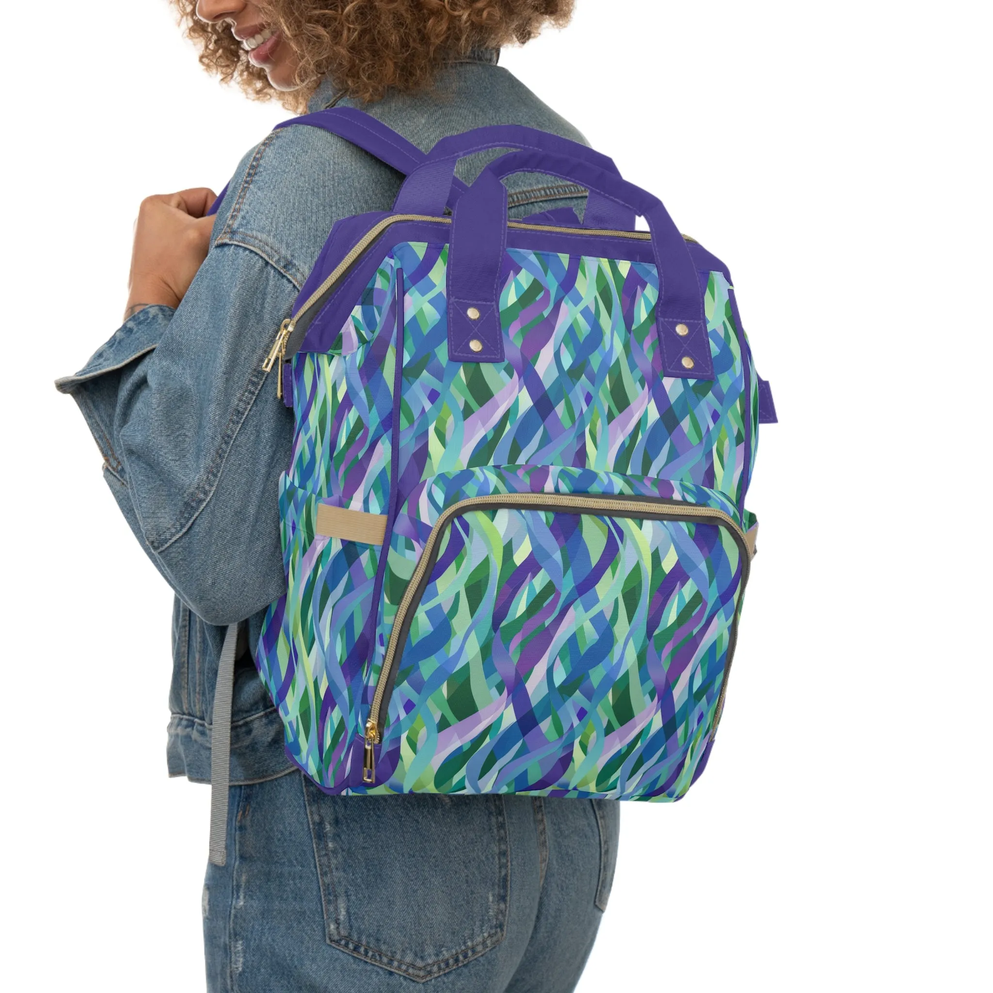 Vibrant Purple Blue and Green Ribbons Multifunctional Diaper Backpack