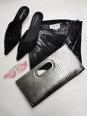 Vintage 90s shimmer silver reptile print party clutch bag