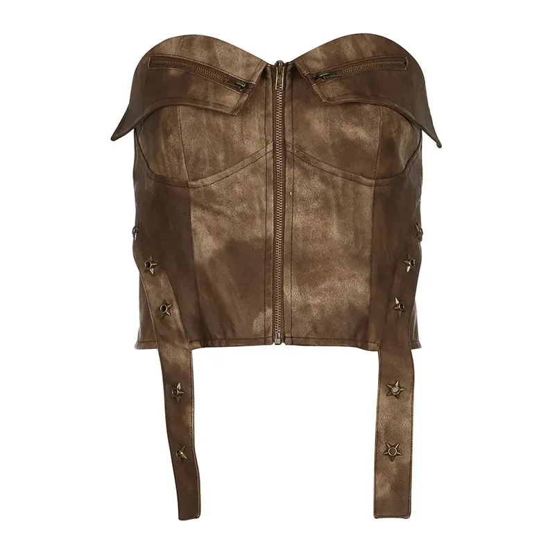 Vintage Brown Rivet Strapless Leather Top