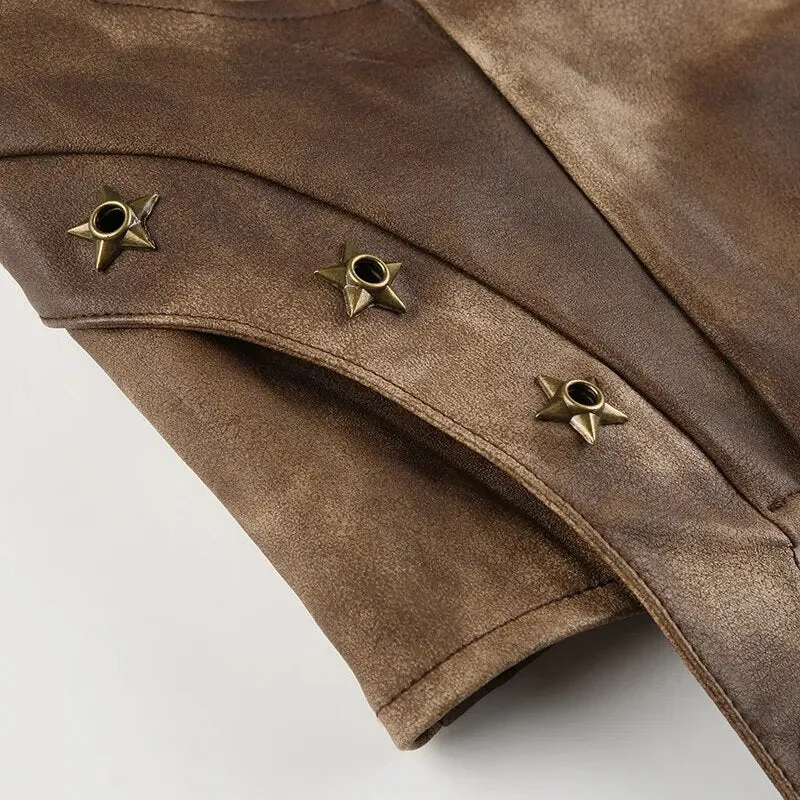 Vintage Brown Rivet Strapless Leather Top