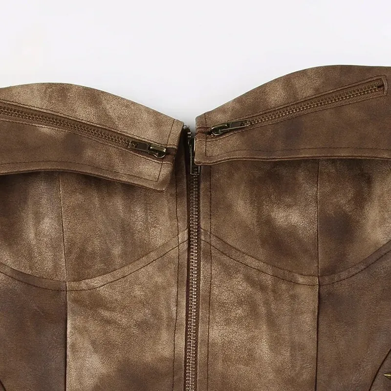 Vintage Brown Rivet Strapless Leather Top
