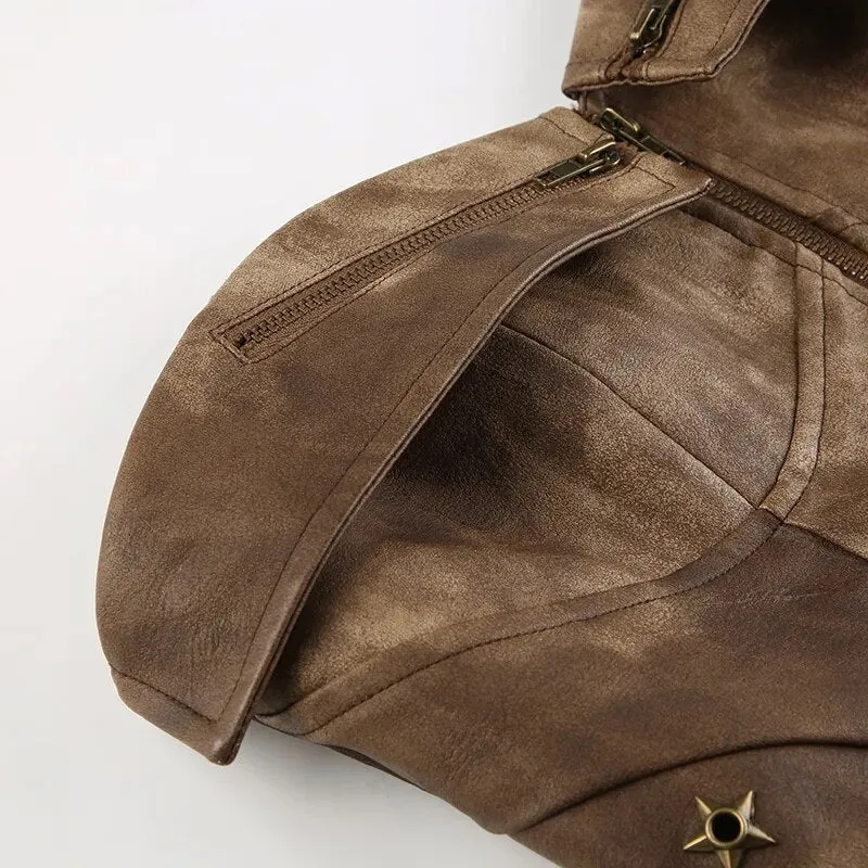 Vintage Brown Rivet Strapless Leather Top