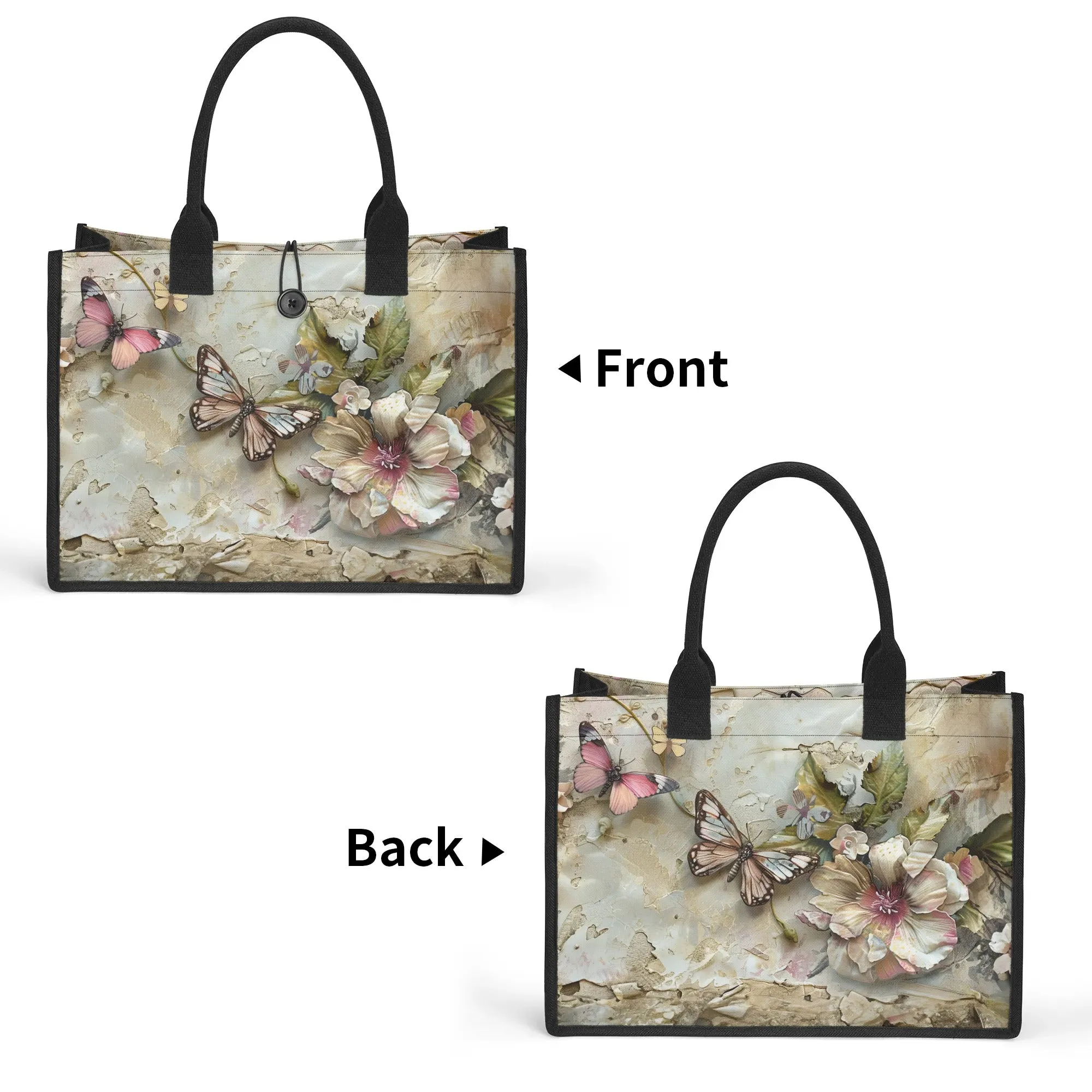 Vintage Grunge Butterflies and Flowers Structured Button Closure Canvas Tote Bag in 2 Sizes
