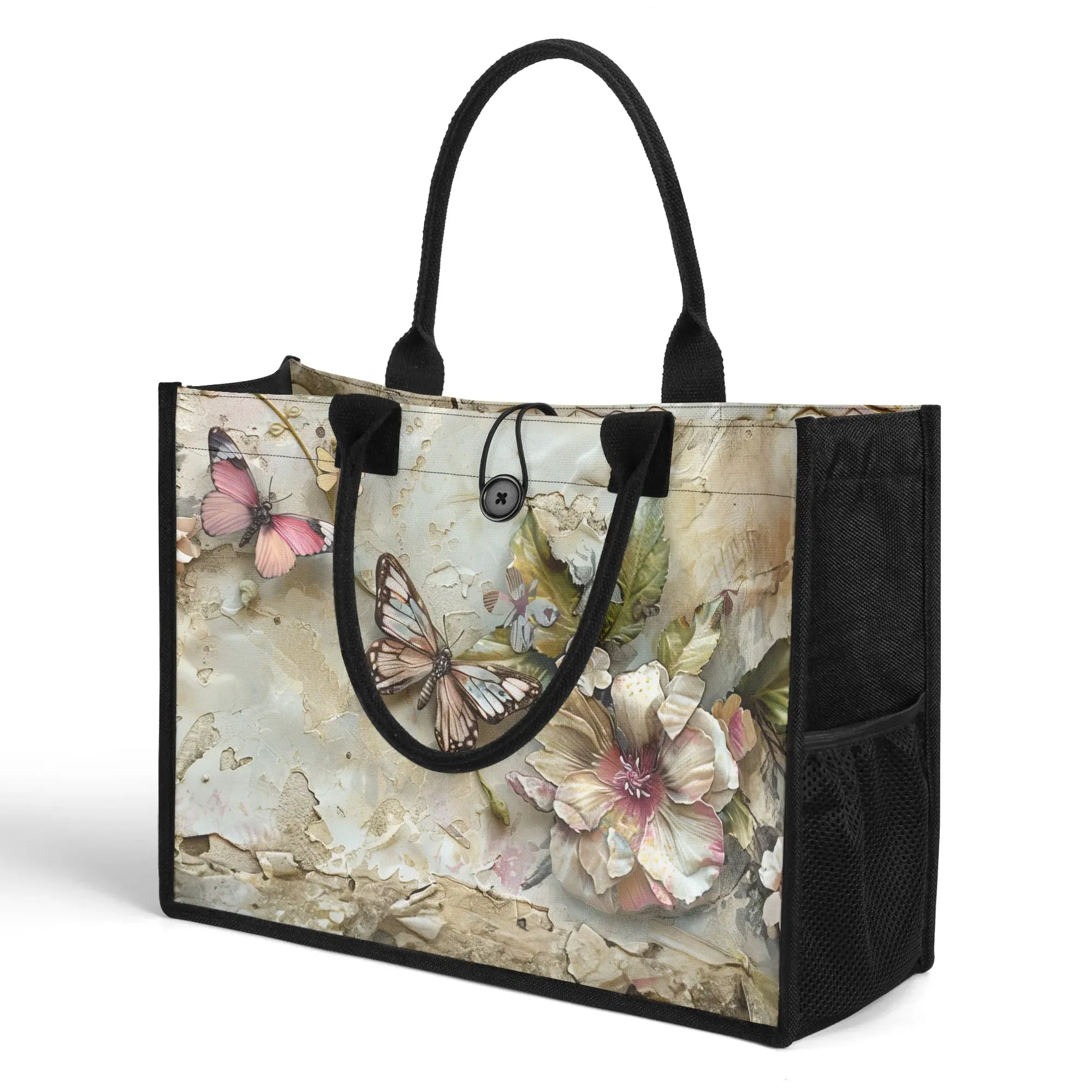 Vintage Grunge Butterflies and Flowers Structured Button Closure Canvas Tote Bag in 2 Sizes