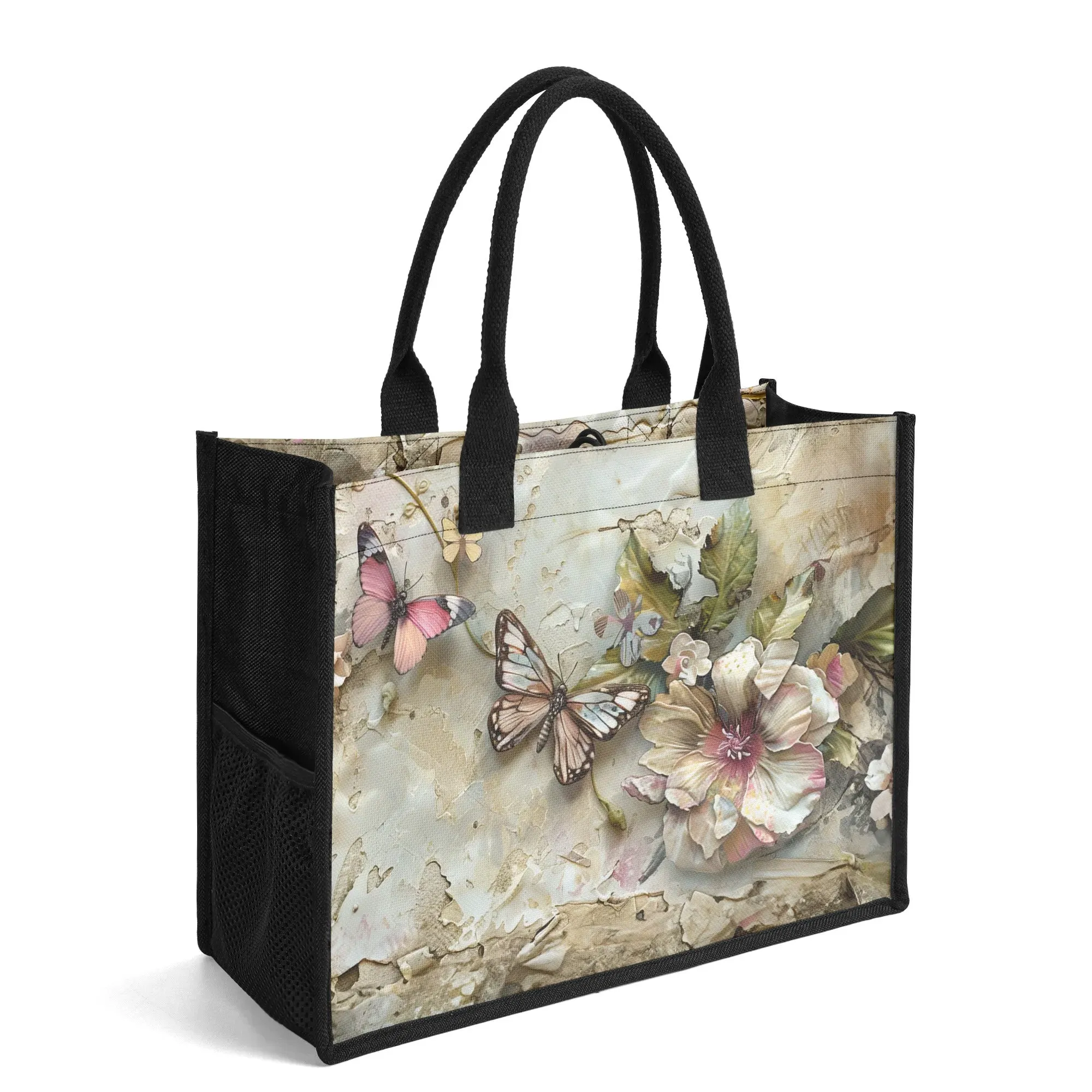 Vintage Grunge Butterflies and Flowers Structured Button Closure Canvas Tote Bag in 2 Sizes