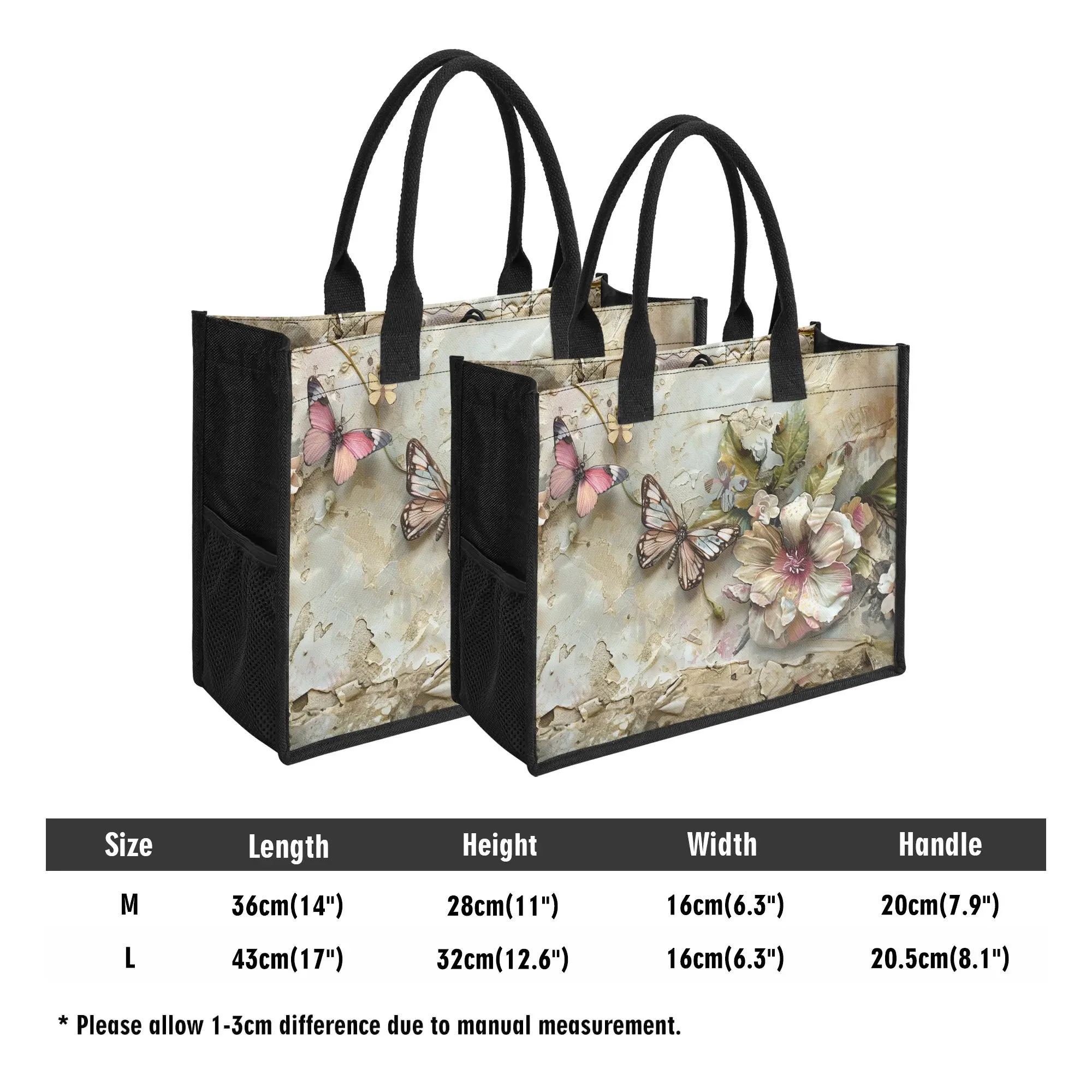 Vintage Grunge Butterflies and Flowers Structured Button Closure Canvas Tote Bag in 2 Sizes