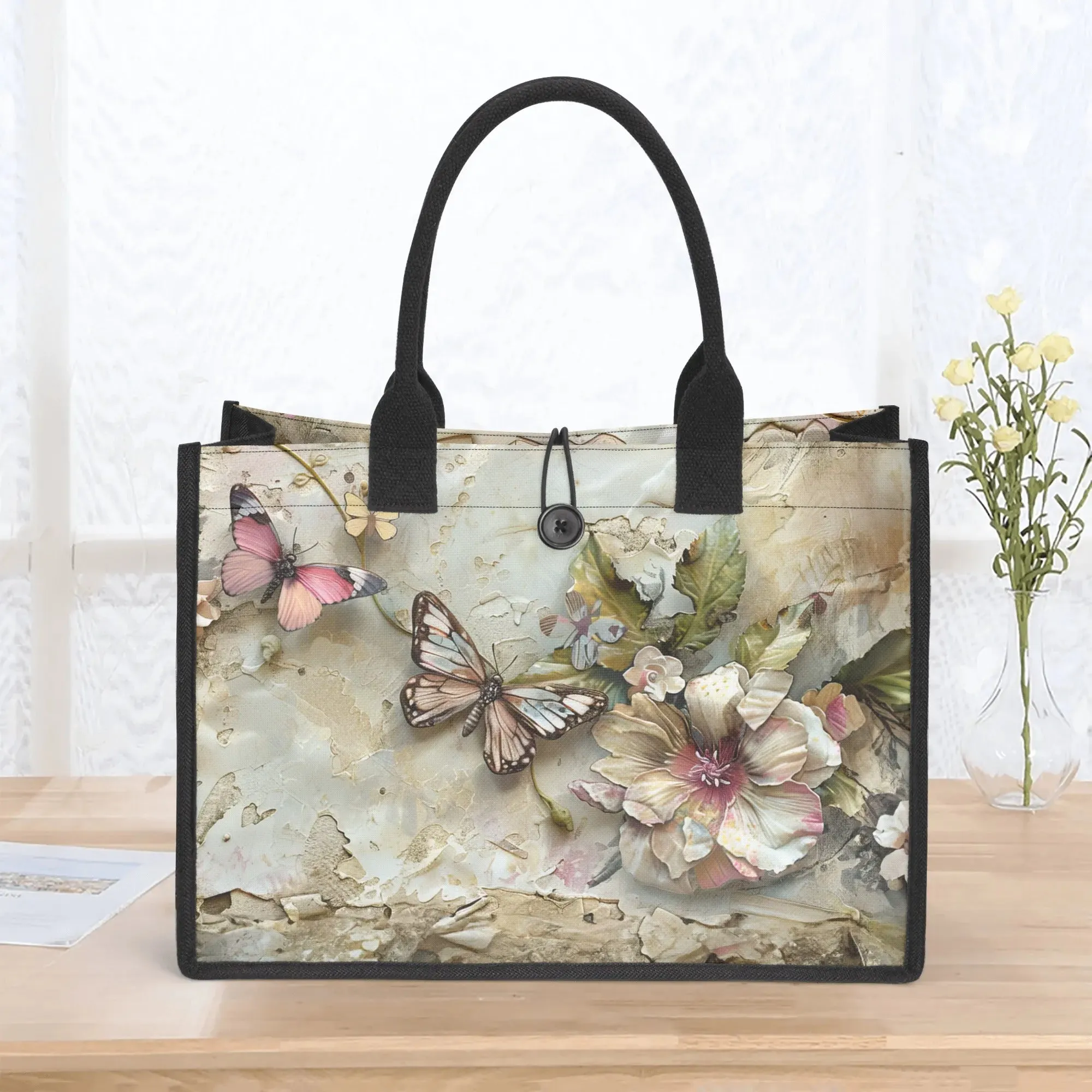 Vintage Grunge Butterflies and Flowers Structured Button Closure Canvas Tote Bag in 2 Sizes