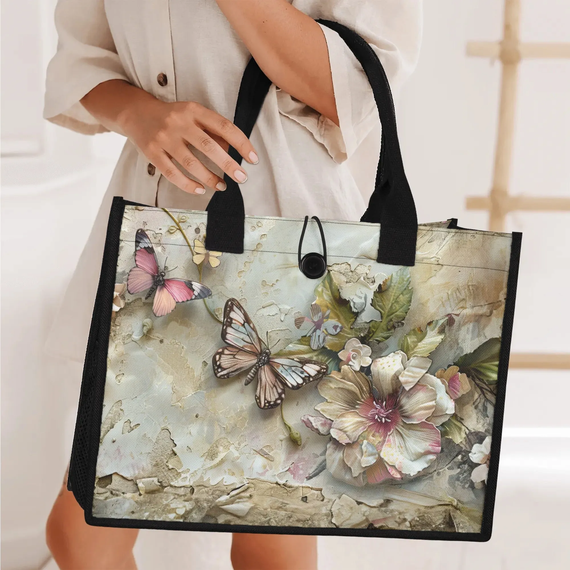 Vintage Grunge Butterflies and Flowers Structured Button Closure Canvas Tote Bag in 2 Sizes