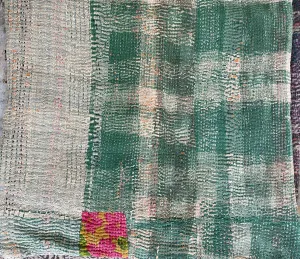 Vintage Kantha Cushion - Green Check 1