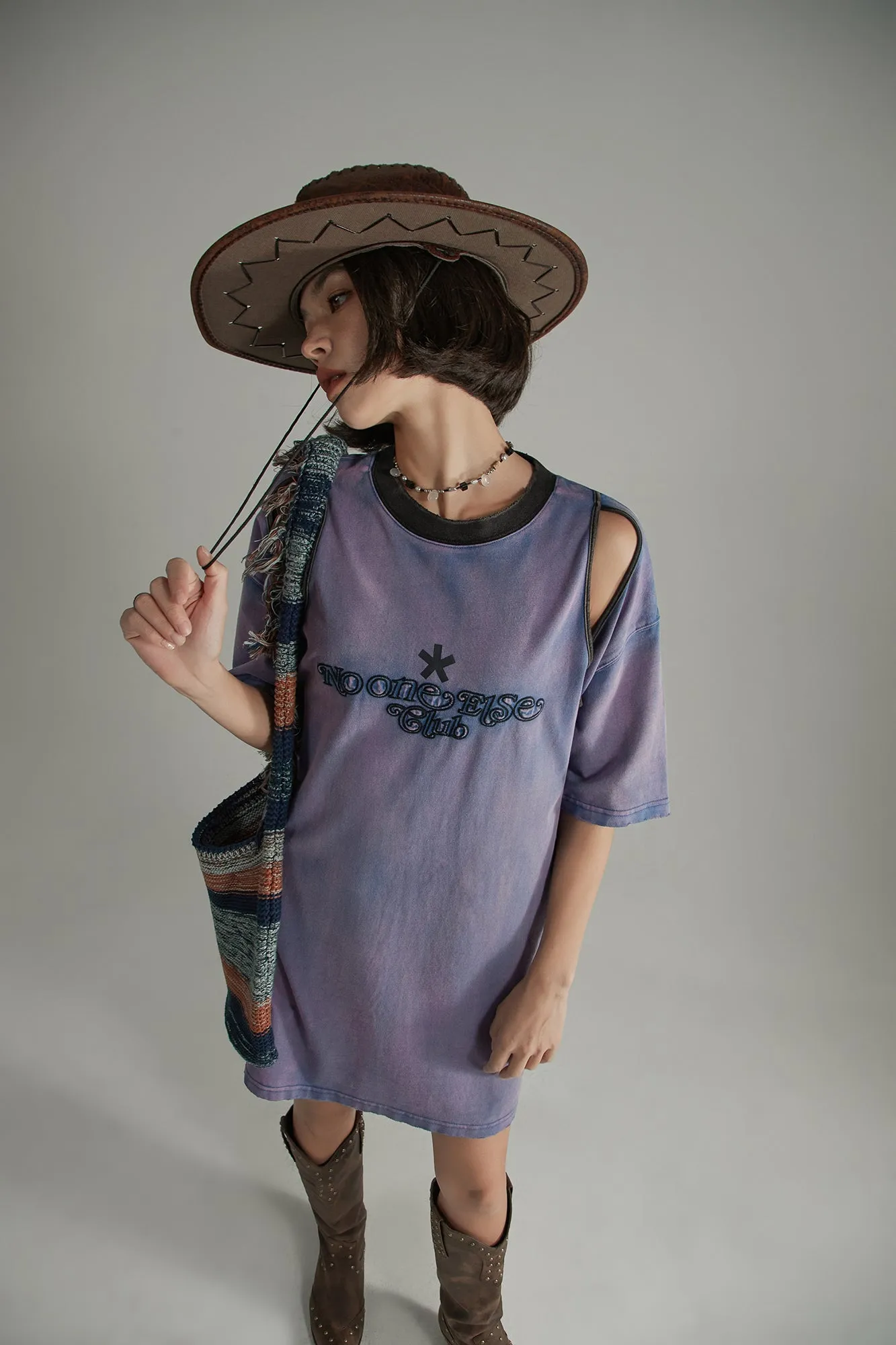 Vintage Open Shoulders Mini Loose Fit T-Shirt Dress