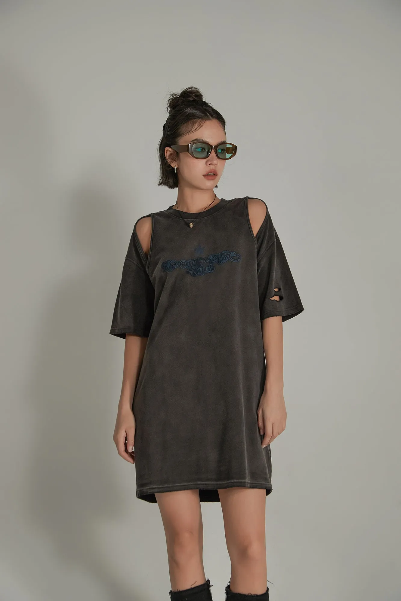 Vintage Open Shoulders Mini Loose Fit T-Shirt Dress
