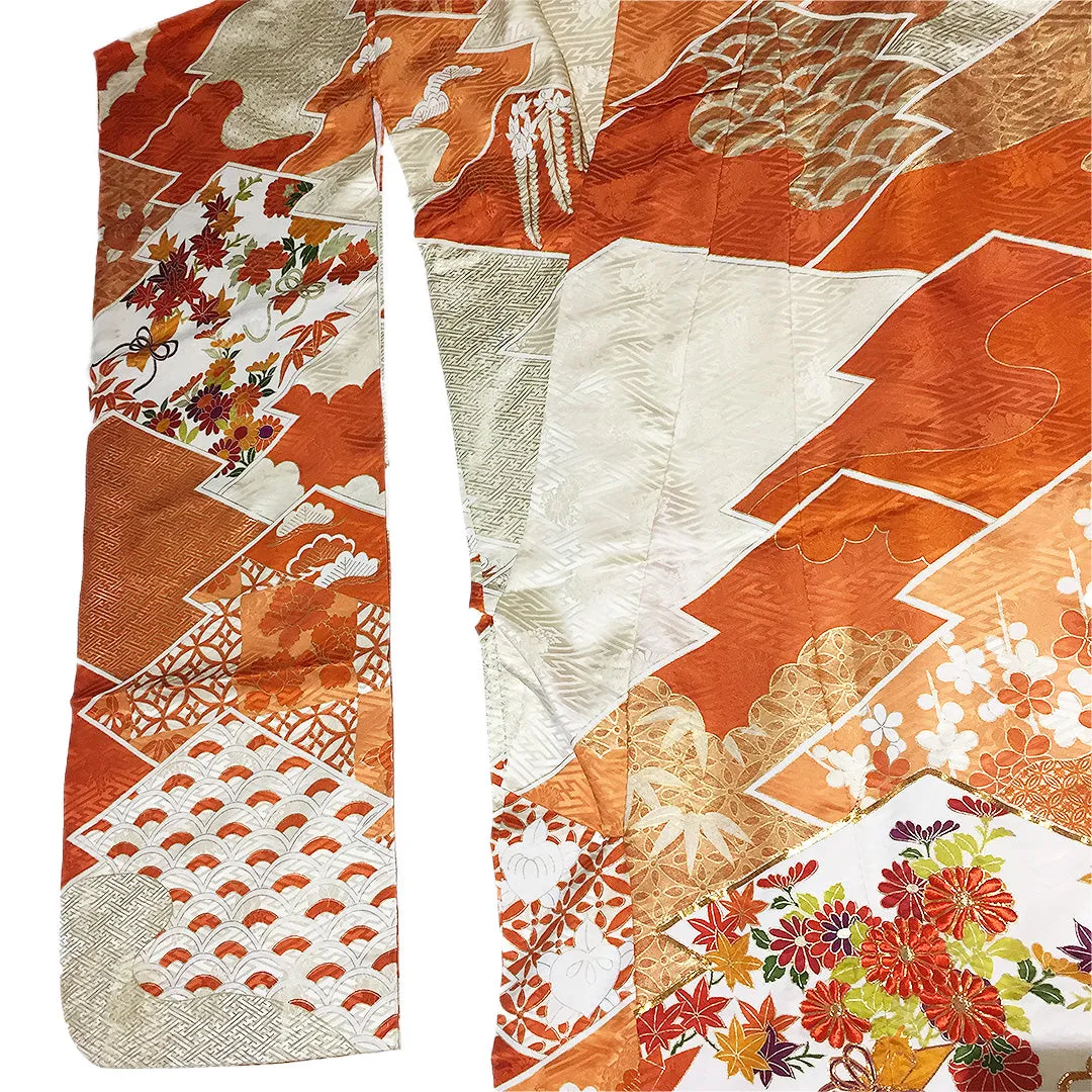 Vintage Silk Red Orange White Furisode Kimono From Japan