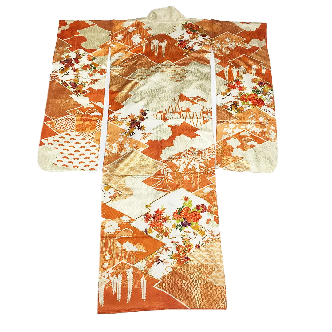 Vintage Silk Red Orange White Furisode Kimono From Japan