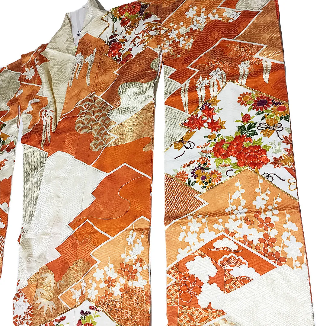 Vintage Silk Red Orange White Furisode Kimono From Japan