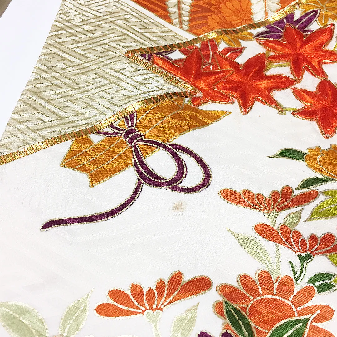Vintage Silk Red Orange White Furisode Kimono From Japan