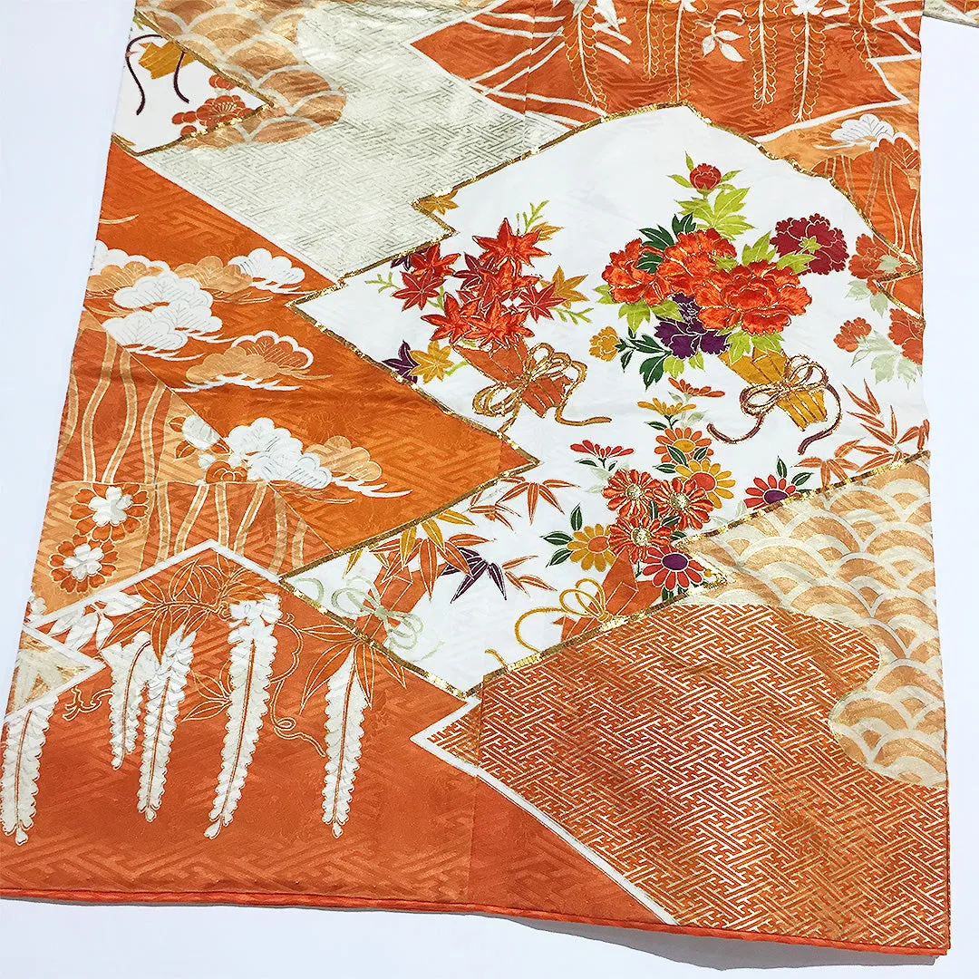 Vintage Silk Red Orange White Furisode Kimono From Japan