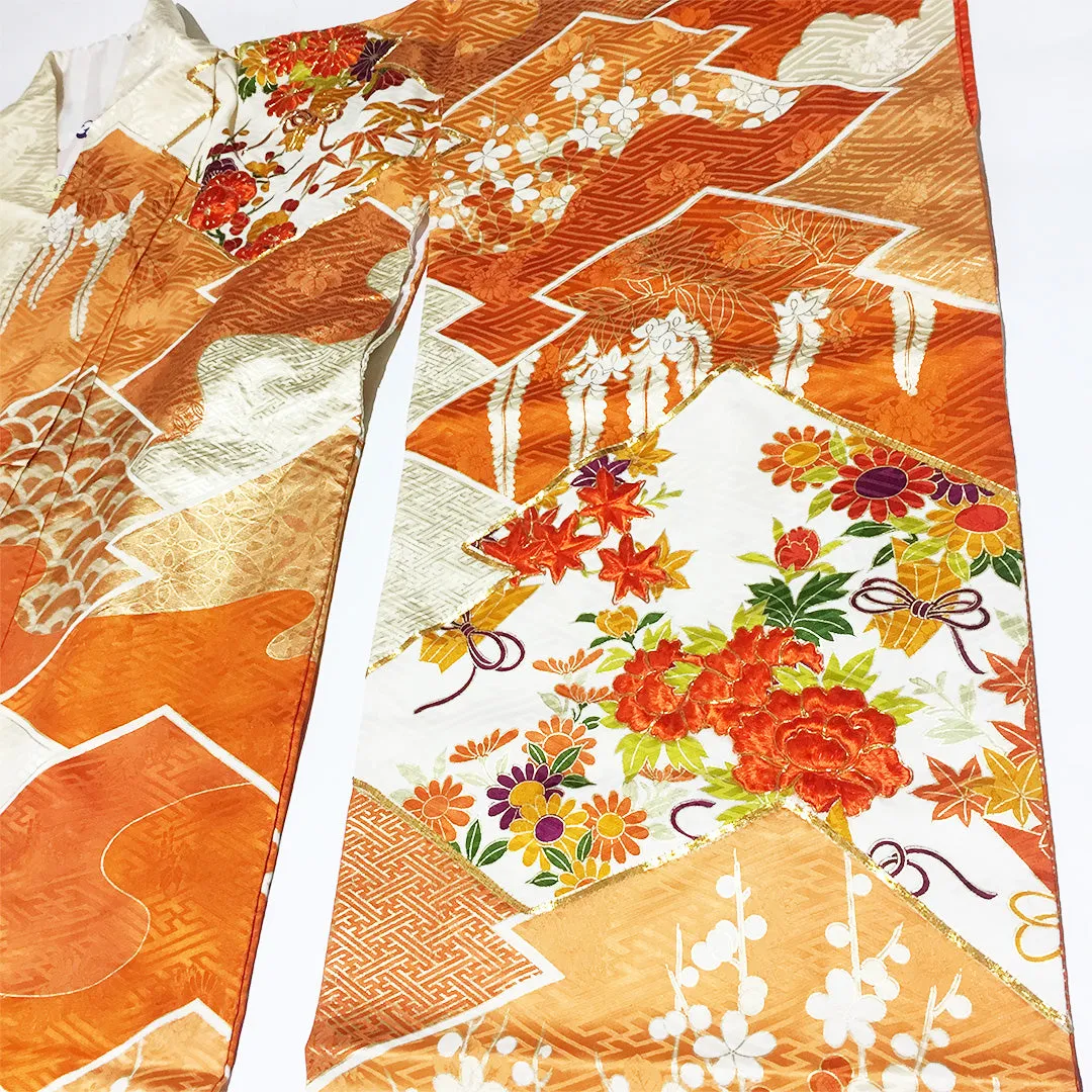 Vintage Silk Red Orange White Furisode Kimono From Japan