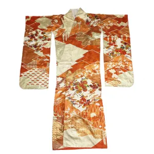 Vintage Silk Red Orange White Furisode Kimono From Japan