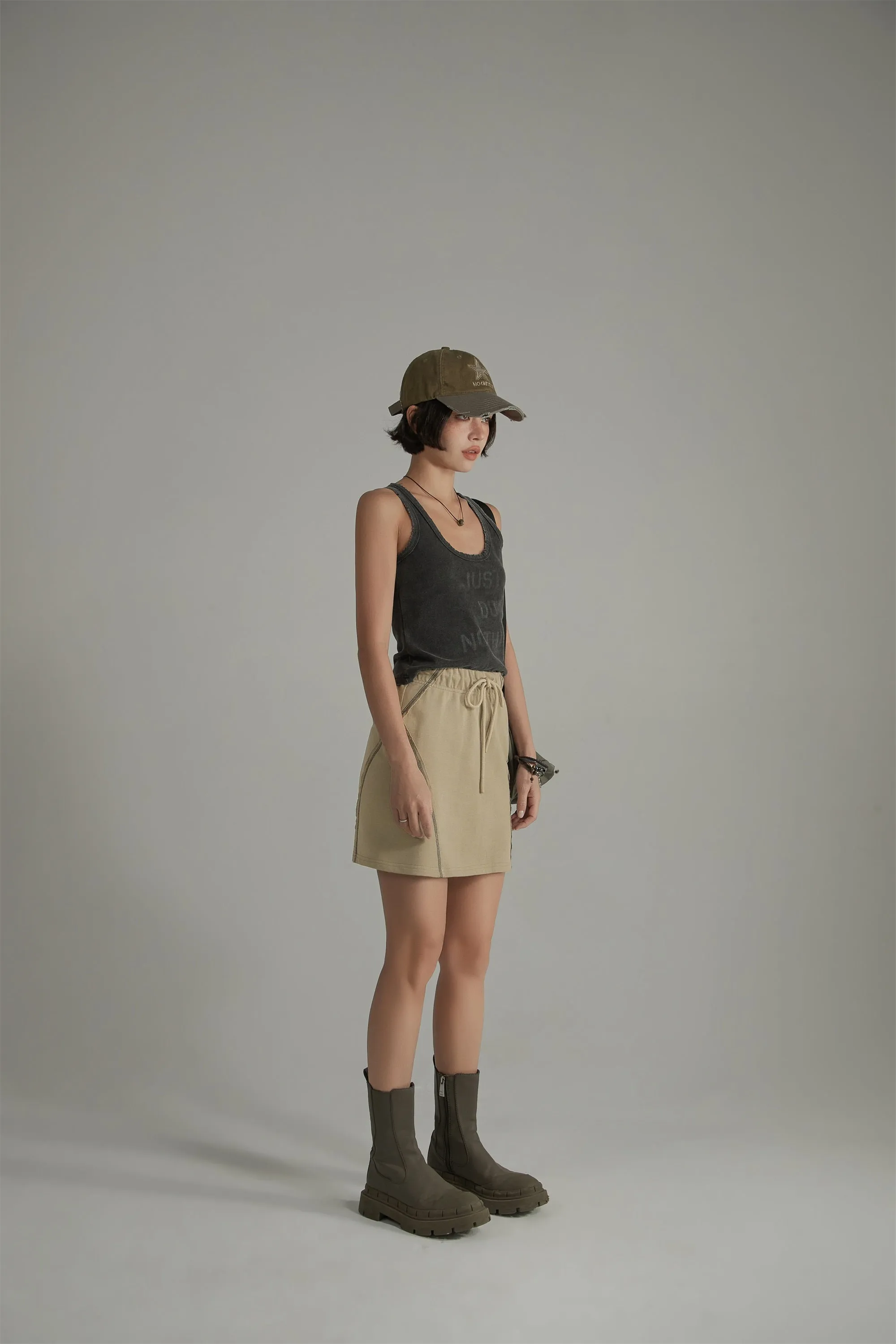 Vintage Stitch Drawstring Mini Skirt