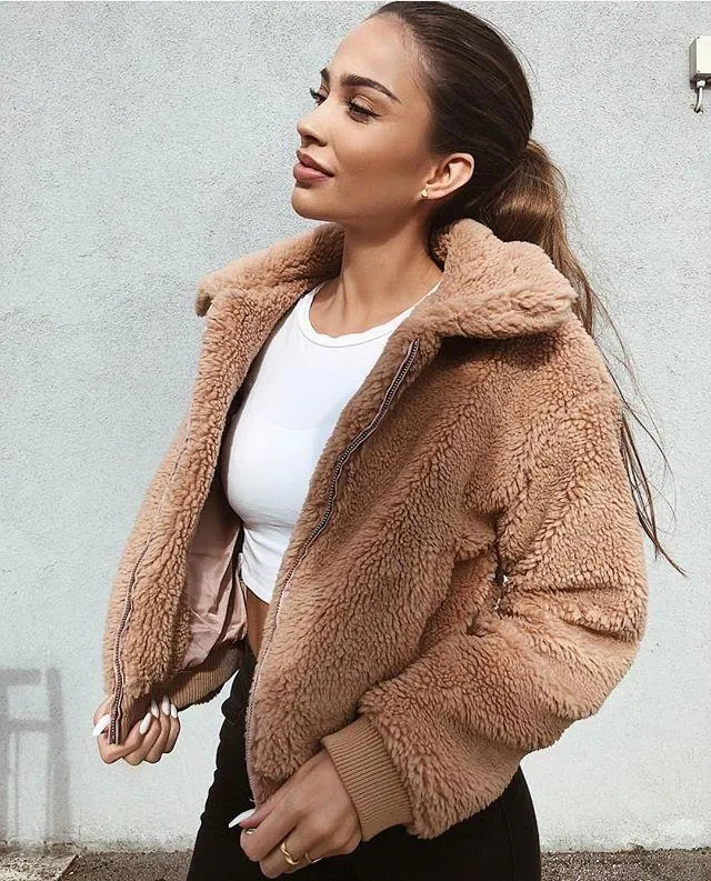 Warm Teddy Bear Fleece Zip Up Jacket Oversized Outdoor Coat