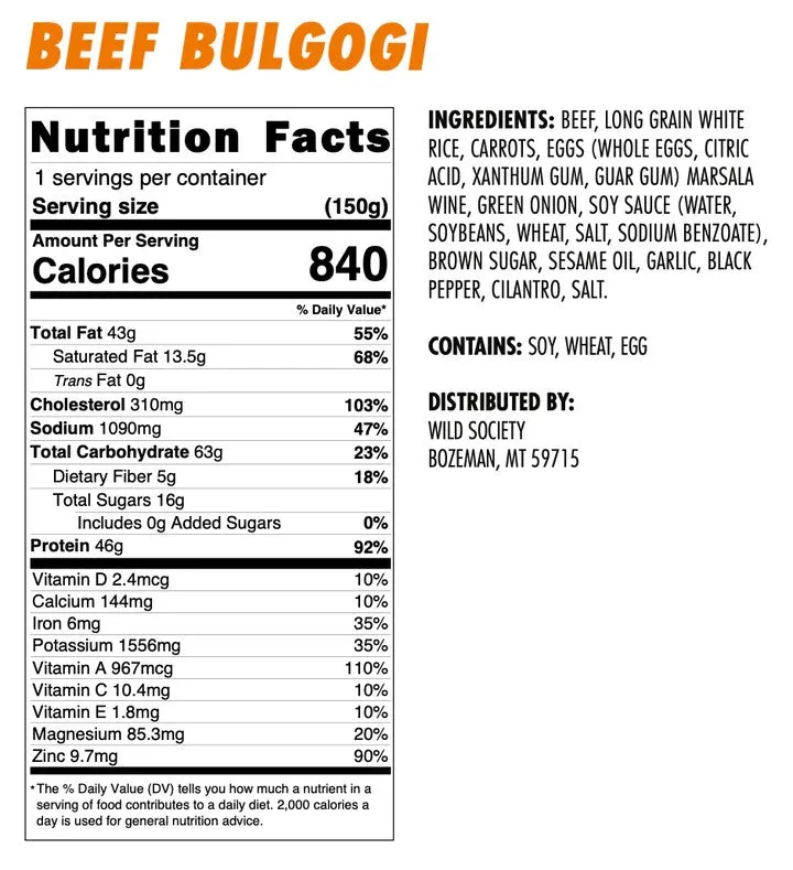 Wild Society Beef Bulgogi Freeze Dried Meal