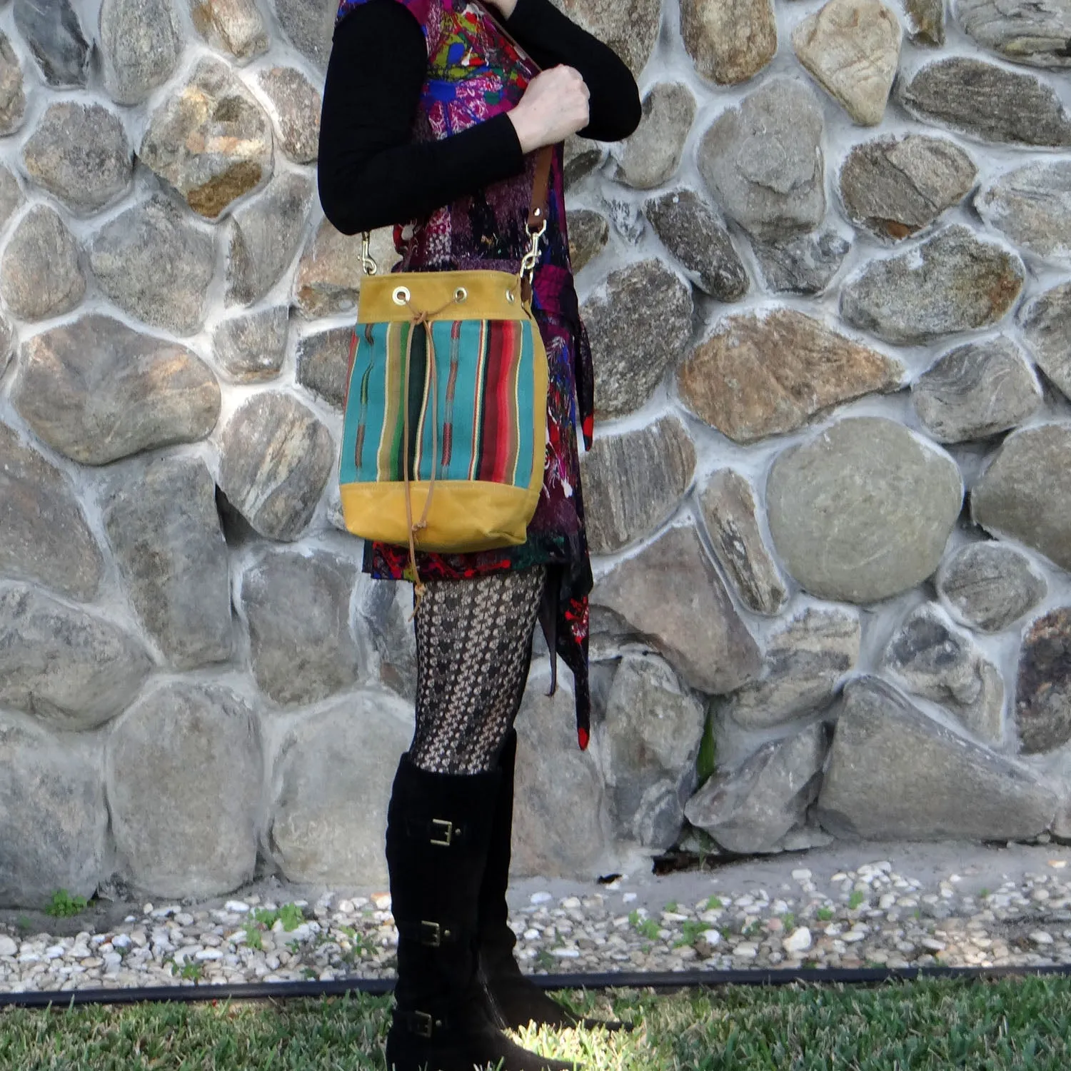 Wildwood Waxed Canvas Bucket Bag - Yellow and Turquoise