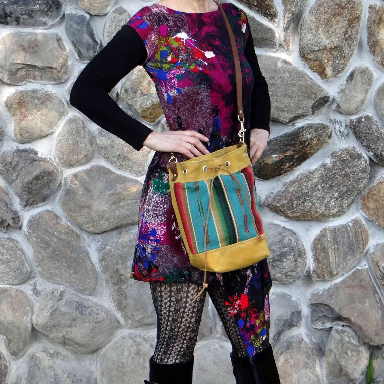Wildwood Waxed Canvas Bucket Bag - Yellow and Turquoise