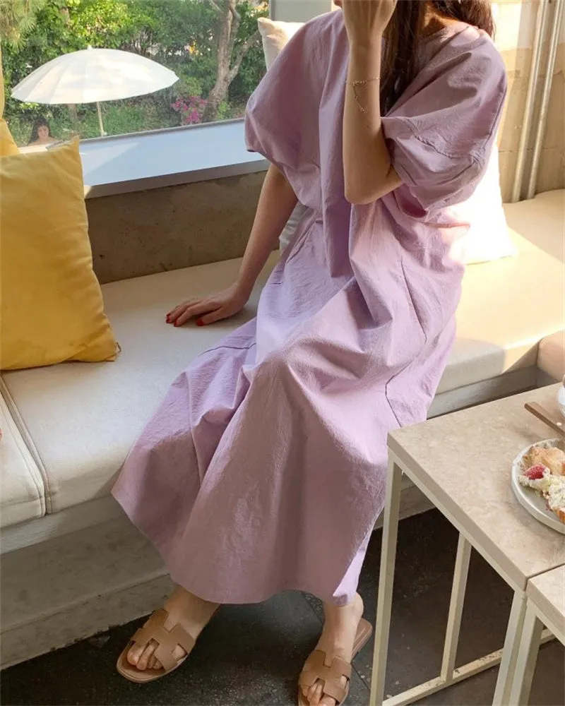 Wjczt Summer Oversized Solid Dress Women 2022 New Korean Casual Simple Dereees Female Cute Puff Sleeve Beach Long Dress