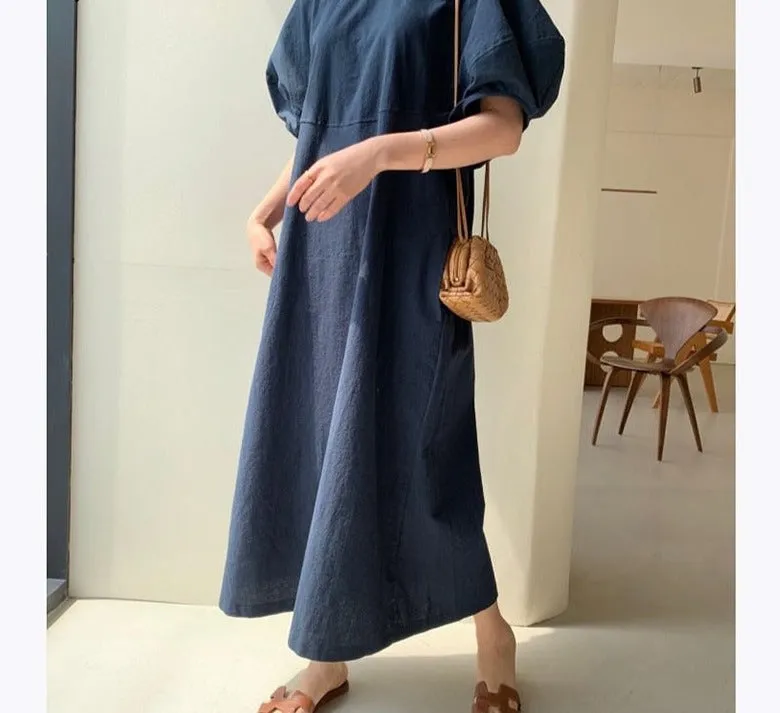 Wjczt Summer Oversized Solid Dress Women 2022 New Korean Casual Simple Dereees Female Cute Puff Sleeve Beach Long Dress
