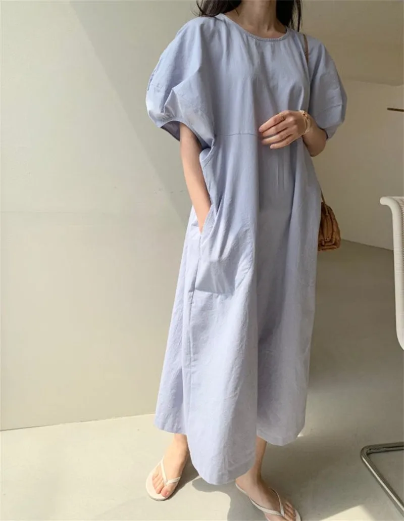 Wjczt Summer Oversized Solid Dress Women 2022 New Korean Casual Simple Dereees Female Cute Puff Sleeve Beach Long Dress