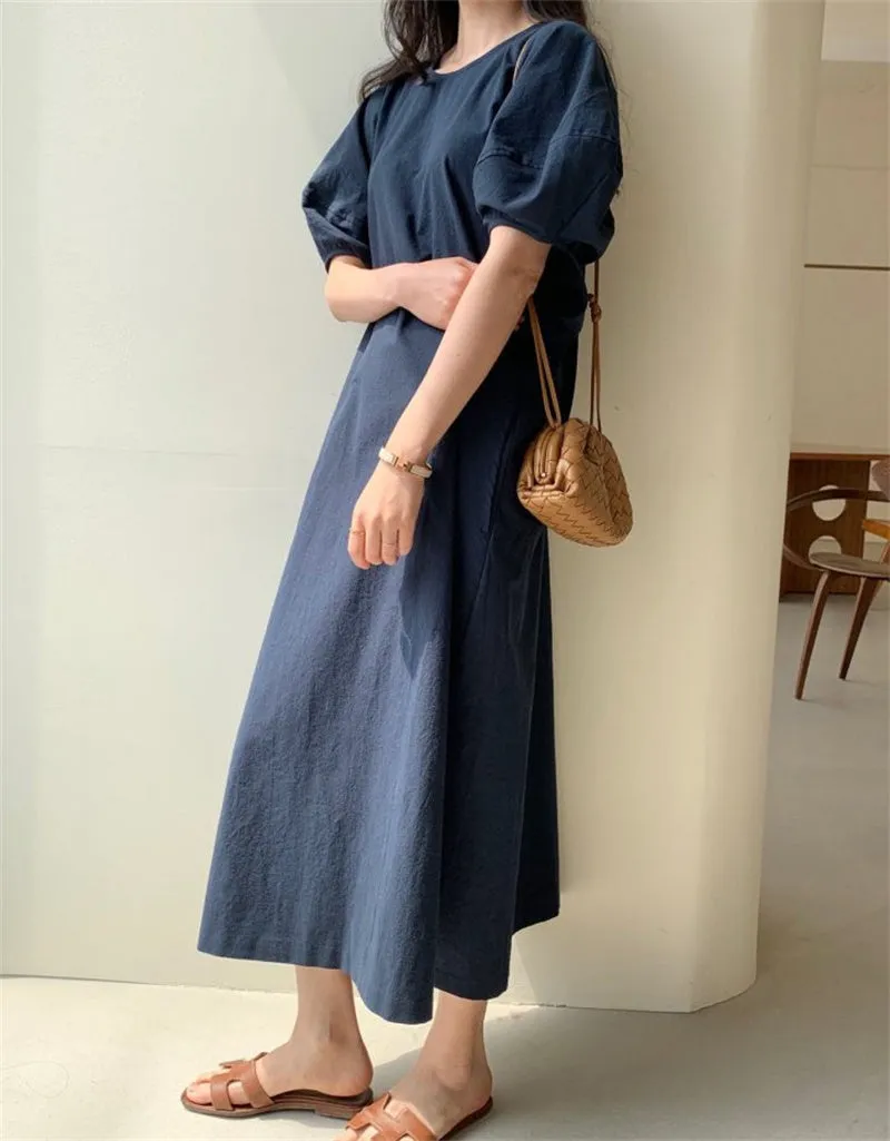 Wjczt Summer Oversized Solid Dress Women 2022 New Korean Casual Simple Dereees Female Cute Puff Sleeve Beach Long Dress