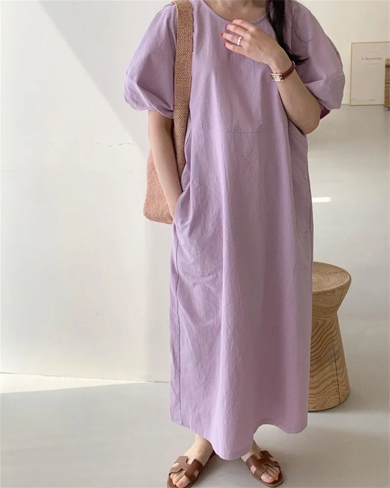 Wjczt Summer Oversized Solid Dress Women 2022 New Korean Casual Simple Dereees Female Cute Puff Sleeve Beach Long Dress