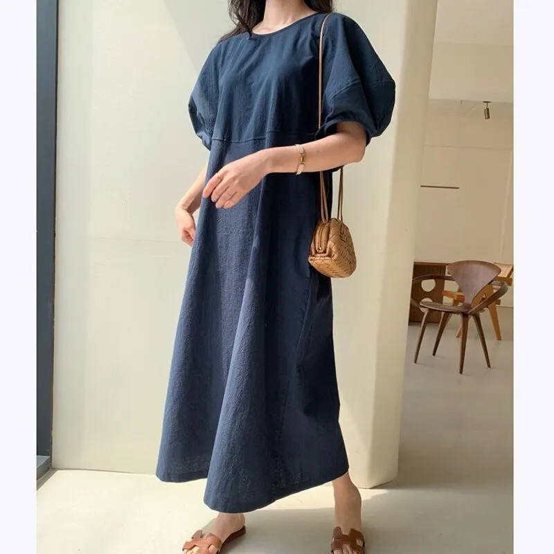 Wjczt Summer Oversized Solid Dress Women 2022 New Korean Casual Simple Dereees Female Cute Puff Sleeve Beach Long Dress