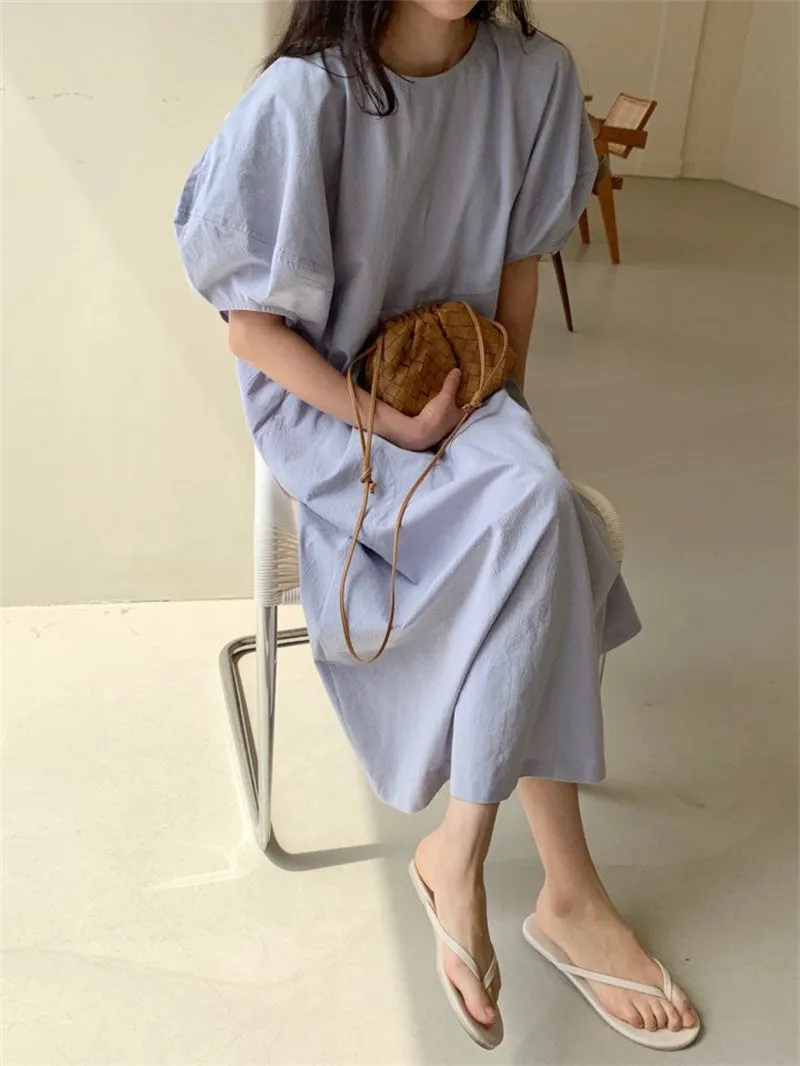 Wjczt Summer Oversized Solid Dress Women 2022 New Korean Casual Simple Dereees Female Cute Puff Sleeve Beach Long Dress