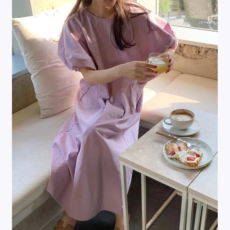Wjczt Summer Oversized Solid Dress Women 2022 New Korean Casual Simple Dereees Female Cute Puff Sleeve Beach Long Dress
