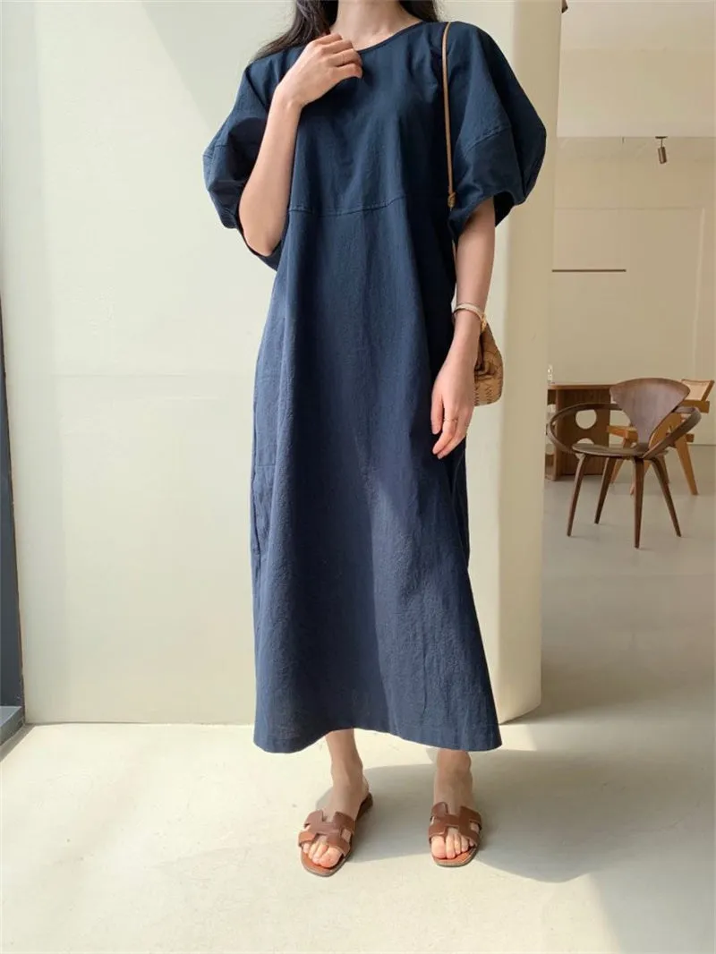 Wjczt Summer Oversized Solid Dress Women 2022 New Korean Casual Simple Dereees Female Cute Puff Sleeve Beach Long Dress