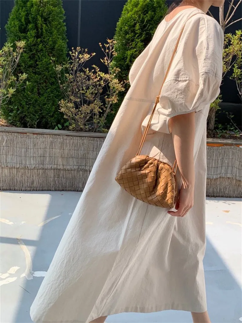 Wjczt Summer Oversized Solid Dress Women 2022 New Korean Casual Simple Dereees Female Cute Puff Sleeve Beach Long Dress