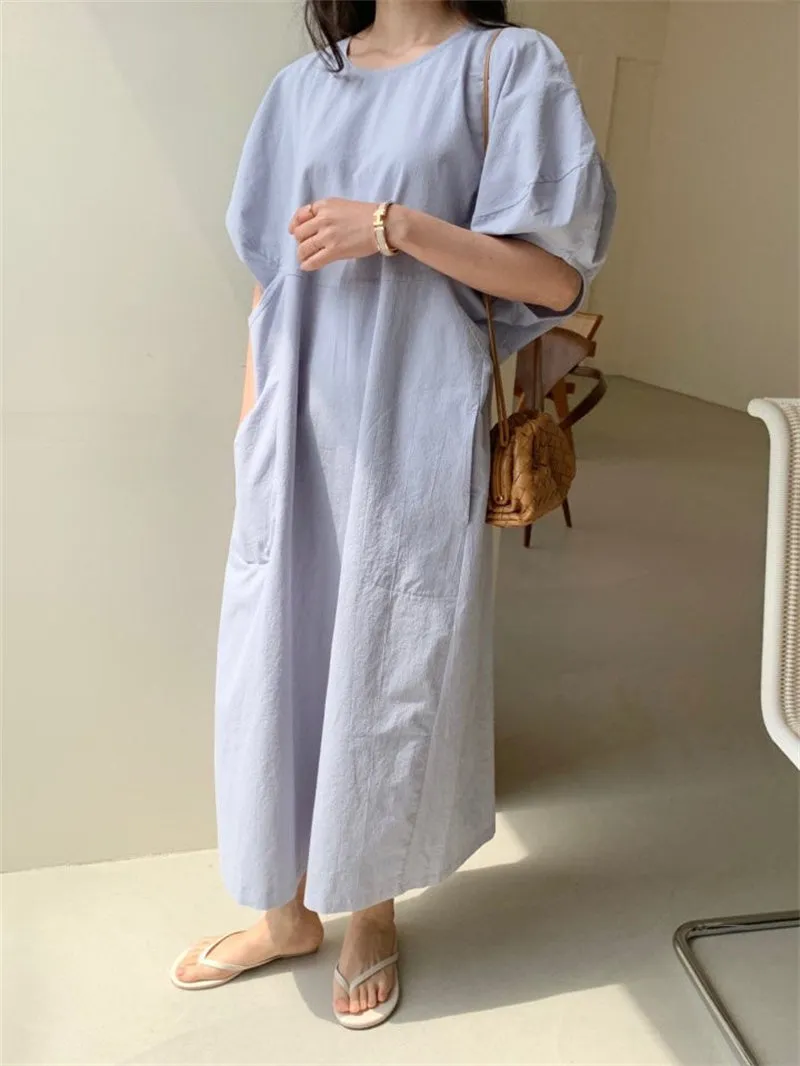 Wjczt Summer Oversized Solid Dress Women 2022 New Korean Casual Simple Dereees Female Cute Puff Sleeve Beach Long Dress