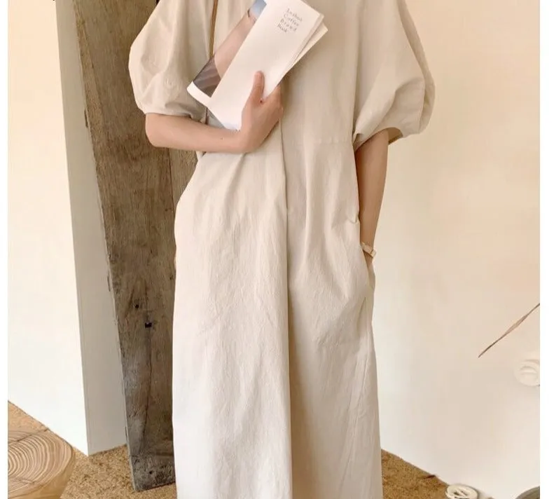 Wjczt Summer Oversized Solid Dress Women 2022 New Korean Casual Simple Dereees Female Cute Puff Sleeve Beach Long Dress